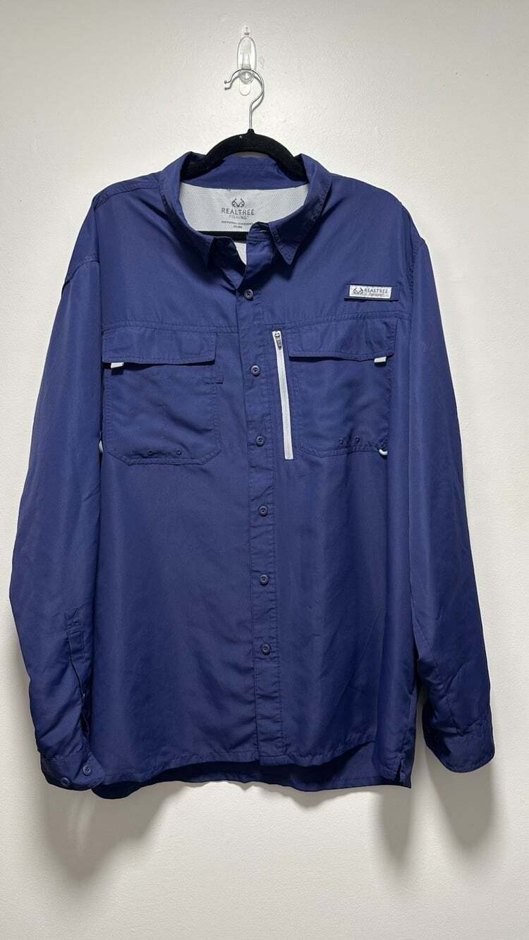 Realtree Fishing Mens 2XL Navy Blue Performance Long Sleeve Button Down Shirt